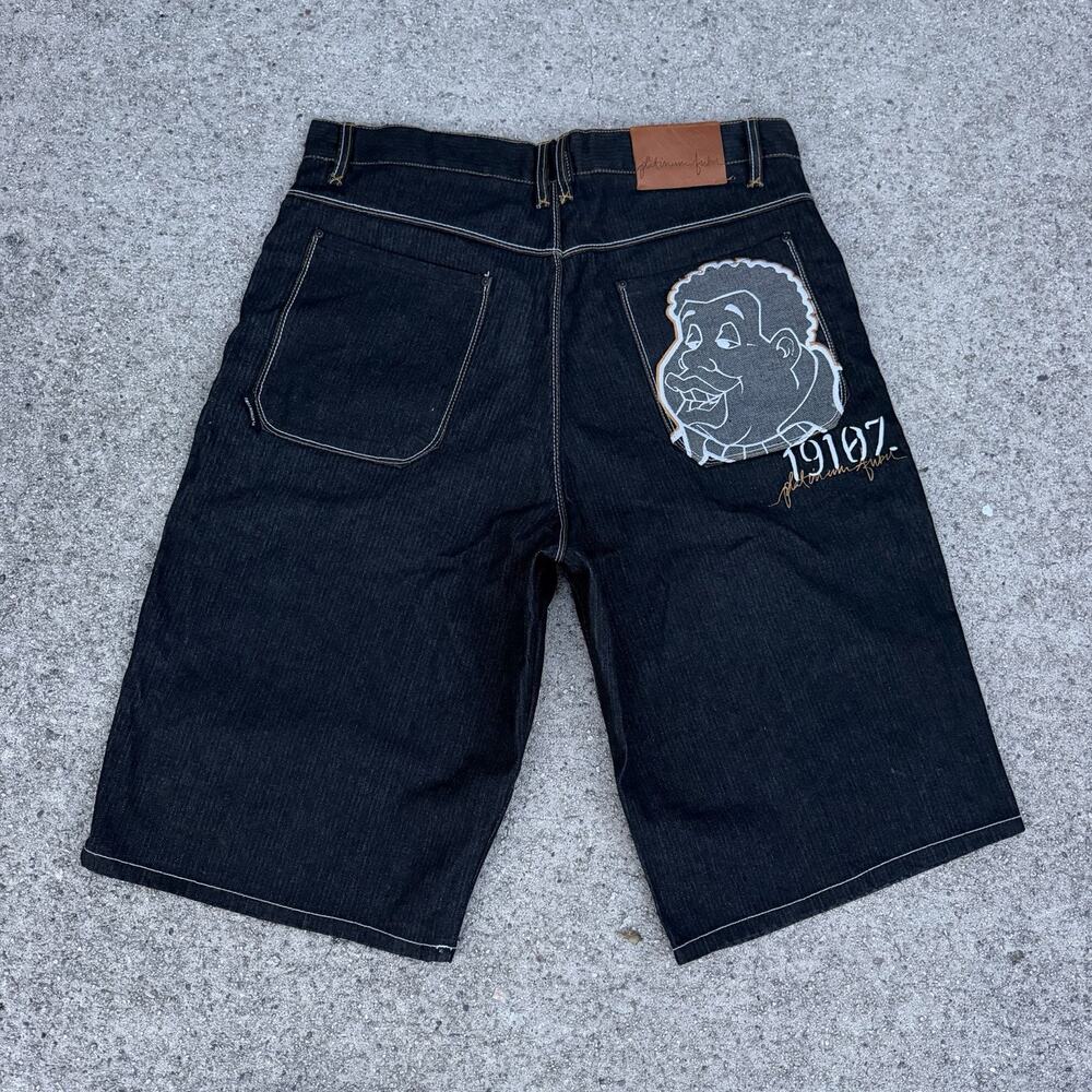 Vintage Y2K Fubu Platinum Fat Albert Black Baggy Denim Shorts Jorts Sz 38 Skate